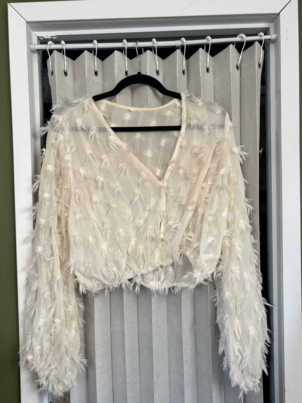 Sheer Ivory Fringe-Detail Women's Top - Lightweight Button Front - Picture 1 of 3